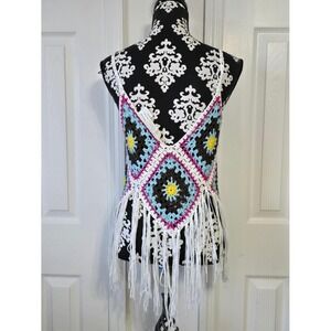 Rebellion Crochet Fringe Tank Top Boho Festival‎ Sun Flower Blue White Pink S